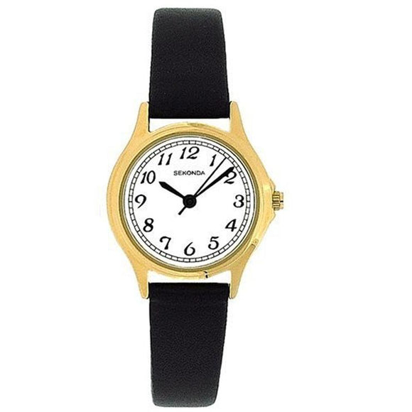 Sekonda 4134 Ladies Analogue Gold Plated White Dial Black Strap Casual Watch